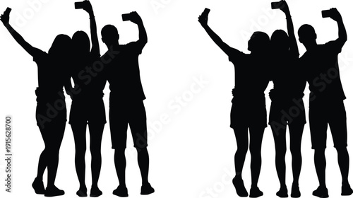 Friends taking selfie silhouettes with smartphones showing group bonding fun and social media lifestyle isolated black vector illustration concept youth modern friendship culture scene