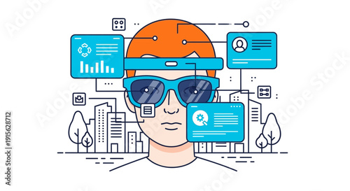 augmented reality glasses on head with city background