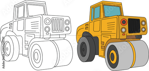 Construction road roller vehicle illustration, heavy machinery drawing, industrial equipment sketch, orange compactor truck image, construction site equipment art