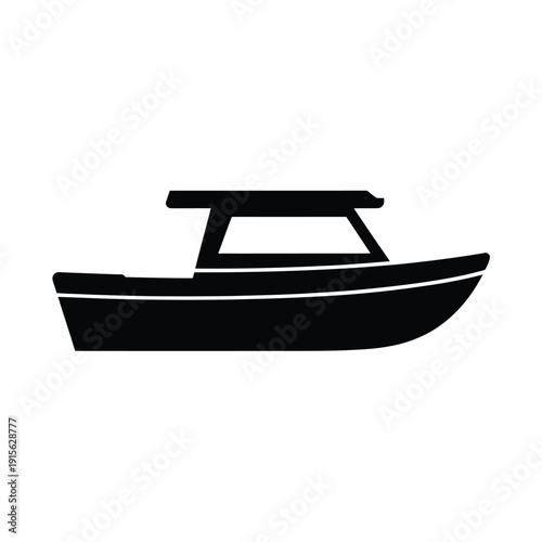 Simple black silhouette of a boat with a small cabin structure