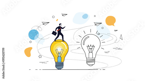 Dynamic concept of idea development and business innovation, with a businessman stepping onto a bright lightbulb, symbolizing growth, fresh insights, and problem-solving.