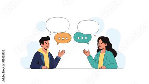 Man and woman engaged in a lively conversation with speech bubbles above their heads, symbolizing communication, discussion, and dialogue.