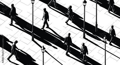 Urban pedestrians silhouettes walking through city street with long shadows streetlights creating dramatic perspective isolated black and white vector illustration for modern design