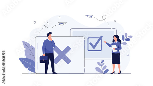 Man looking at a clipboard with a large "X" mark, while a woman points to a checklist with a checkmark, indicating right and wrong choices.