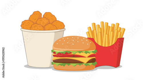 Classic fast food meal featuring a delicious double cheeseburger, a side of crispy French fries, and a serving of golden chicken nuggets.