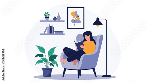 Woman sitting comfortably in a cozy armchair, engrossed in reading a book, surrounded by lush plants and a stylish bookshelf.