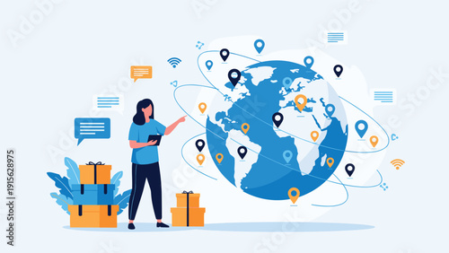 Woman standing next to a globe covered with location pins, with packages and chat bubbles, representing global logistics and international business.