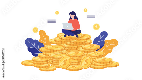 Woman sitting comfortably on a large pile of glistening gold coins, diligently using a laptop, symbolizing financial success and wealth management.