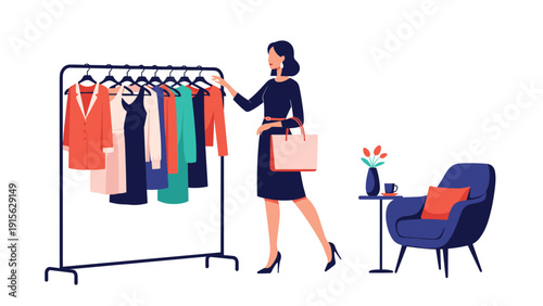 Woman looking at clothes on a clothing rack, with a shopping bag and a stylish chair, suggesting fashion, retail, and personal style.