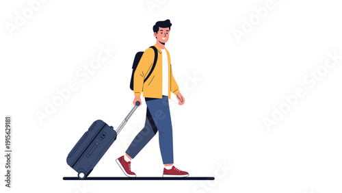 Man walking confidently with a backpack and pulling a rolling suitcase, suggesting travel, vacation, or a business trip.