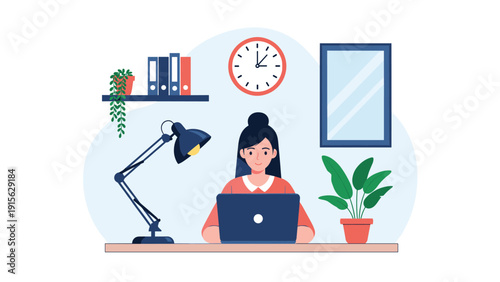 Woman working diligently on a laptop at a desk in a well-organized home office setting, complete with a clock and a potted plant.