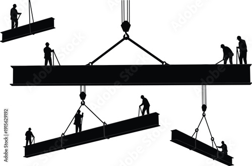 Construction workers balancing on steel beams, high-rise ironworkers guiding girders, structural work in progress, industrial site, heavy lifting teamwork.