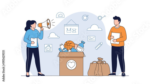 People engaging in a charity initiative, with one person announcing through a megaphone and a full donation box, symbolizing community support and giving.