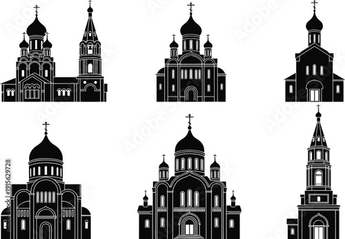 Russian Orthodox church silhouette illustration, onion domes, crosses, ornate architecture, Eastern ecclesiastical design, cultural heritage, black artwork, creative reference collection