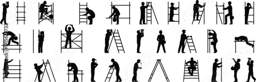 Construction Workers Silhouettes on Ladders and Scaffolding, Industrial Labor Poses, Vector Icons for Building, Maintenance, Repair, and Safety Concepts