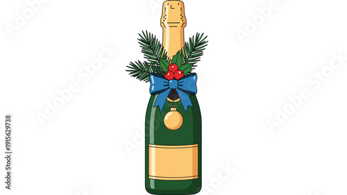 Festive champagne bottle adorned with a blue bow, holly, and pine branches, symbolizing celebration, holidays, and joyous special occasions.