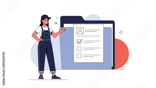 Organized woman presenting a large folder with a checked profile or checklist, symbolizing efficient documentation, personal data management, and task completion.