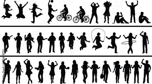 People silhouettes set showing men and women jumping dancing cycling and walking in various poses isolated black vector illustration for lifestyle activity and motion concept