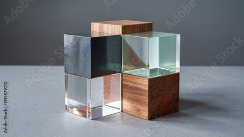 Ineinandergreifende Würfel aus Stahl, Glas und Holz