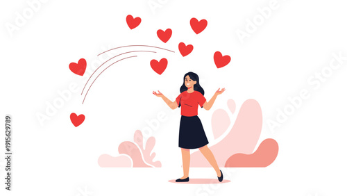 Cheerful woman gracefully juggling multiple floating hearts, symbolizing love, positive emotions, kindness, and spreading happiness to others.