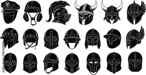 Stylized helmet illustration collection, historical and fantasy headgear, Viking, Roman, medieval, police, Norse mythology, costume design, digital art reference