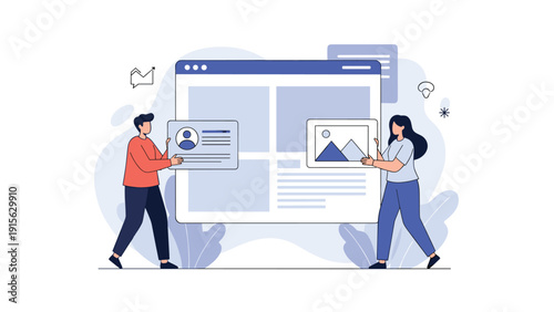 Collaborative team designing and building a website, actively dragging and dropping interface elements onto a large browser window, symbolizing web development and design.