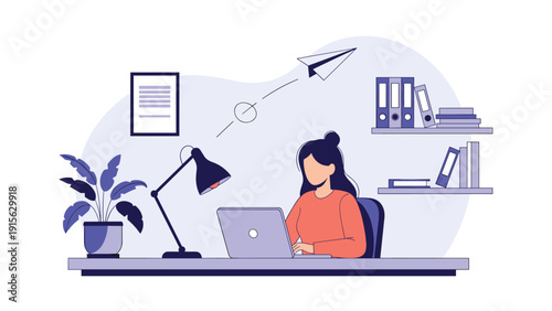 Focused woman diligently working on her laptop at a well-organized desk, with a paper airplane symbolizing idea generation, productivity, and project launch.