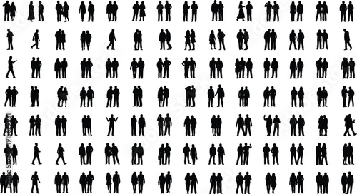 Large collection of people silhouettes standing in small groups isolated on white background black vector illustration for crowd social business and population concepts