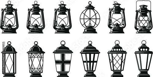 Vintage lantern illustration, black and white artwork, traditional lamp design, decorative lighting silhouette, antique kerosene lamp drawing, rustic stock image
