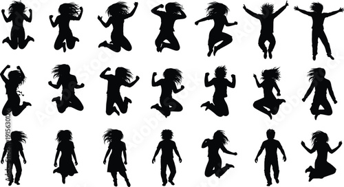 Jumping people silhouettes collection showing energetic men and women in mid air poses isolated on white background black vector illustration for celebration and freedom concepts