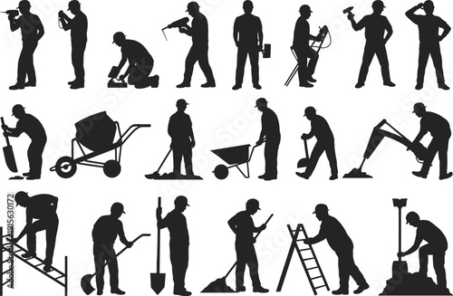 Construction workers silhouettes with tools, heavy machinery, safety helmets, working on site, shovels, wheelbarrows, ladders, digging, manual labor, industrial vector illustration