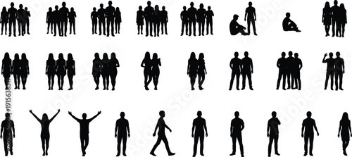 People and group silhouettes set showing standing, walking, social interaction and teamwork poses, men and women isolated on white background