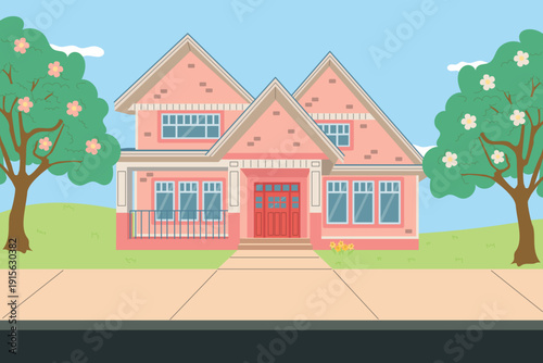 Horizontal vector illustration of Spring landscape with cute house surrounded with trees in blossom. House, trees, bushes, flowers. lawn, meadow, grass. 