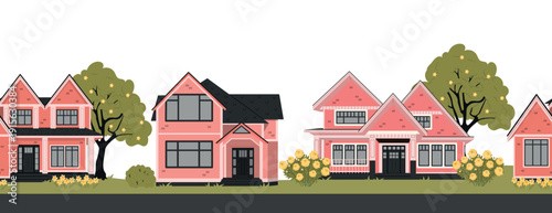 Seamless border Spring landscape with houses and flowers