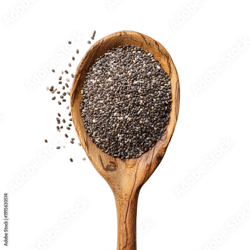 PNG of Close-up of a wooden spoon filled with chia seeds, showcasing their rich texture.