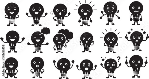 Cute minimalist cartoon lightbulb characters with various expressions, idea and creativity icons.