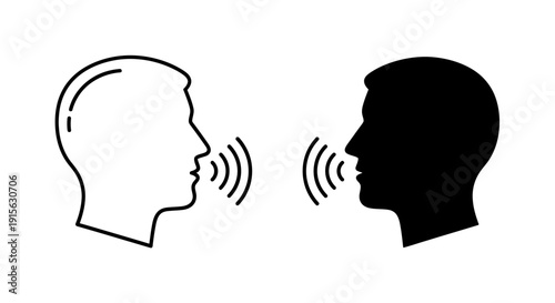 Communication icons showing two profiles facing each other with sound waves emanating from their mouths, symbolizing dialogue and conversation