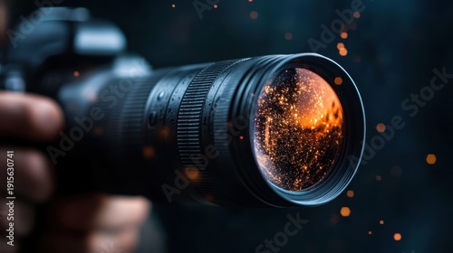 A close-up view of a camera lens captures dynamic light effects and sparkles, emphasizing the art of photography and the beauty of visual storytelling.