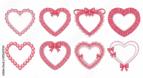 Set of beautiful pink heart frames, intricately adorned with delicate lace, satin bows, and charming beads, ideal for romantic designs, invitations, and lovely decorative projects