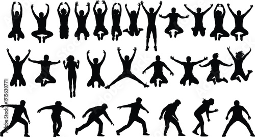 Set of energetic jumping human silhouettes showing joyful men and women in motion poses isolated on white background for fitness, lifestyle, freedom and action design