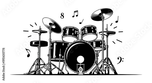 Energetic monochrome drum set illustration with floating musical notes, capturing the vibrant essence of rhythm and percussive sound for live performances, band promotions, and music-themed designs