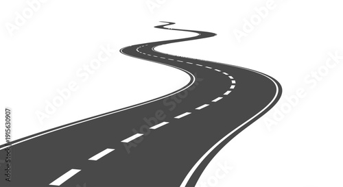 A winding asphalt road with dashed white lines, leading into the distance on a white background, symbolizing journeys and pathways