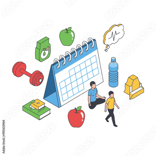 Healthy lifestyle planning with calendar and fitness elements.