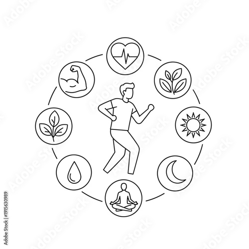 Healthy Lifestyle Illustration with Running and Nature Elements.