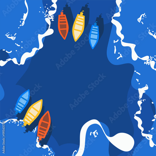 Background space for text, boats view from above, summer seaside vacation, template. Hand drawn vector illustration.
