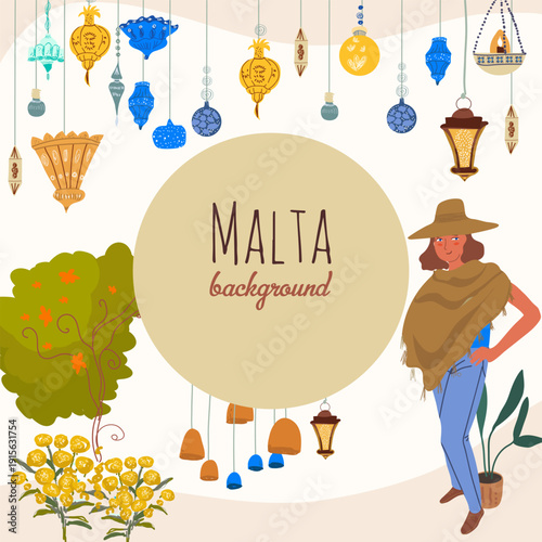 Background, space for text, Eastern, European market with lanterns, Hand drawn vector illustration.