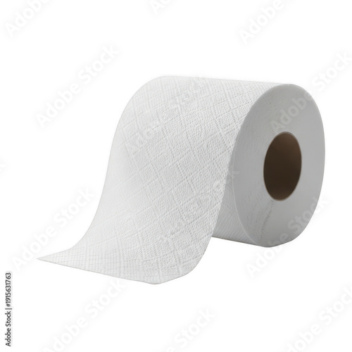 A close-up view of a roll of white toilet paper on a white background isolated on transparent background