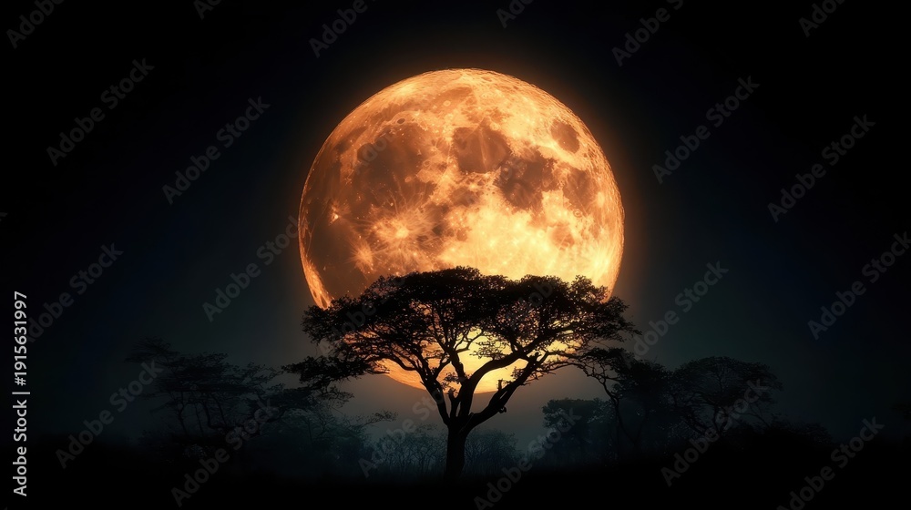 Obraz premium A mesmerizing scene of a full moon glowing brilliantly behind a dark silhouette of a tree, creating a powerful contrast that evokes feelings of calmness and wonder.