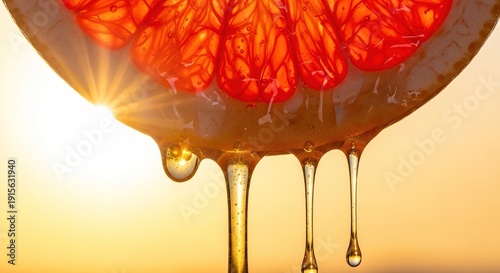 Close-up of grapefruit slice with dripping honey against a warm golden sunset sky