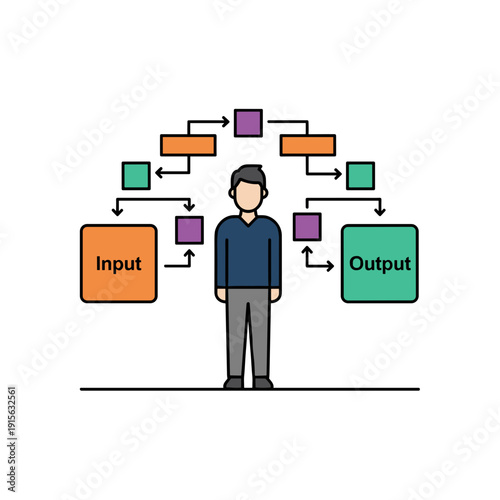 Person managing input and output data flow with algorithm blocks on white background. Concept of human and artificial intelligence interaction